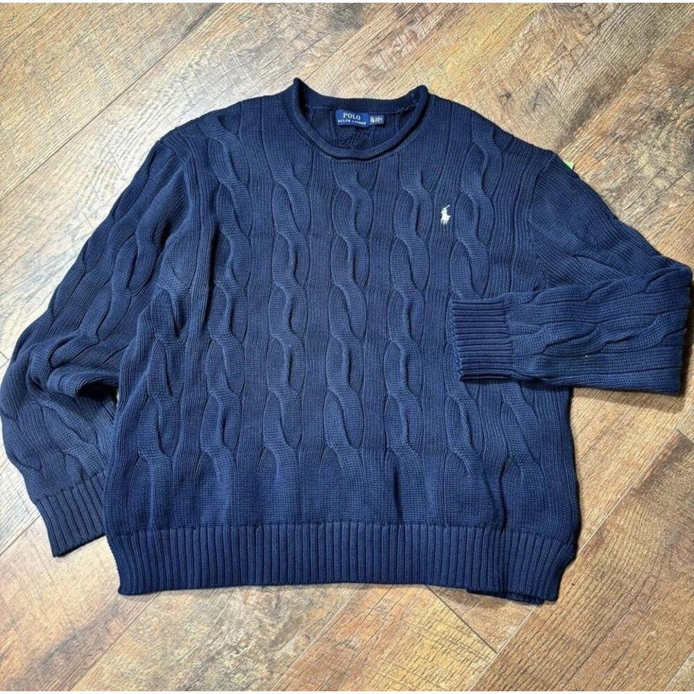 Y2k Vintage Polo Ralph Lauren Cable Knit Thick 3D Navy Sweater /Crewneck Size Xs